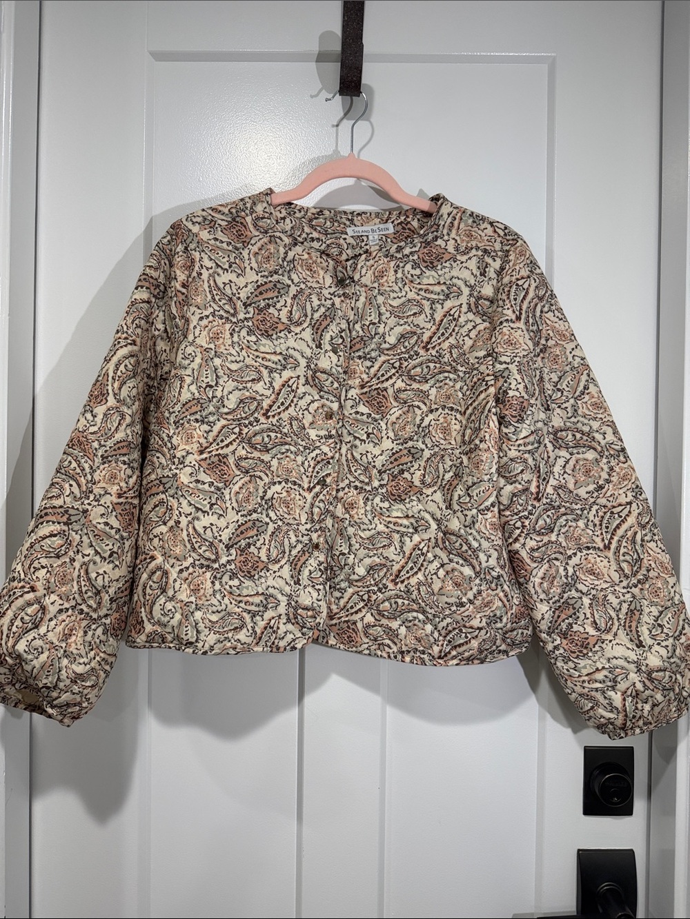 See and Be Seen Beige Paisley Button-Front Quilted Jacket